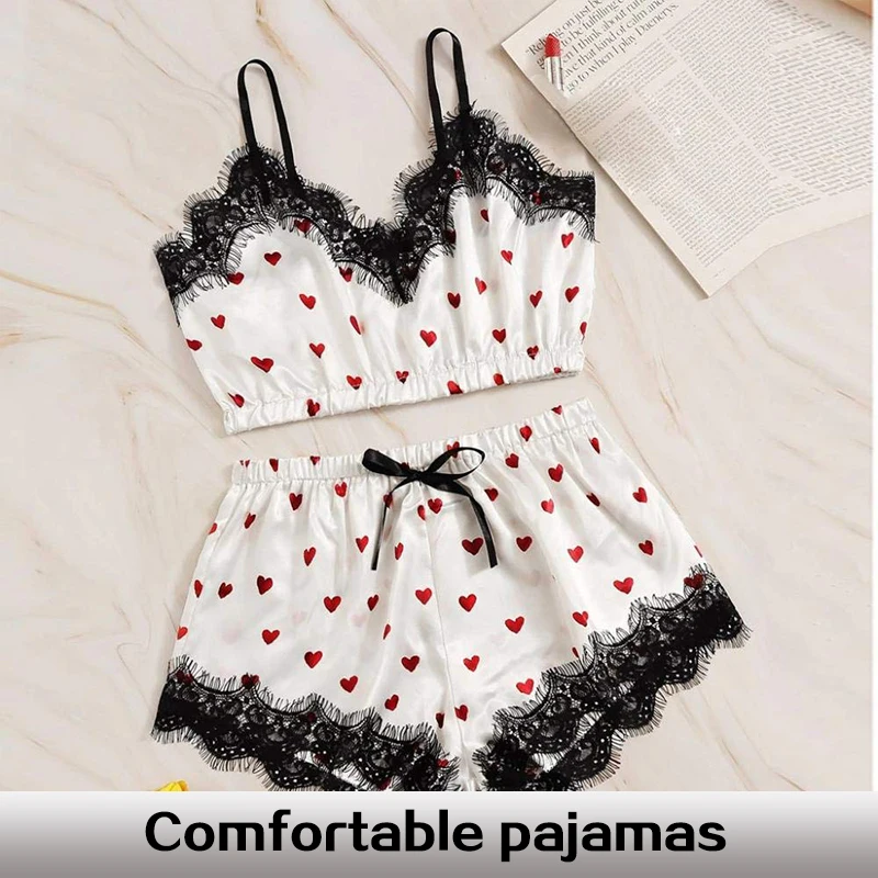 Two Piece Women's Sexy White Printed Heart V-Neck Suspender Top and Lace Embellished Shorts Women's Sexy Pajama Set