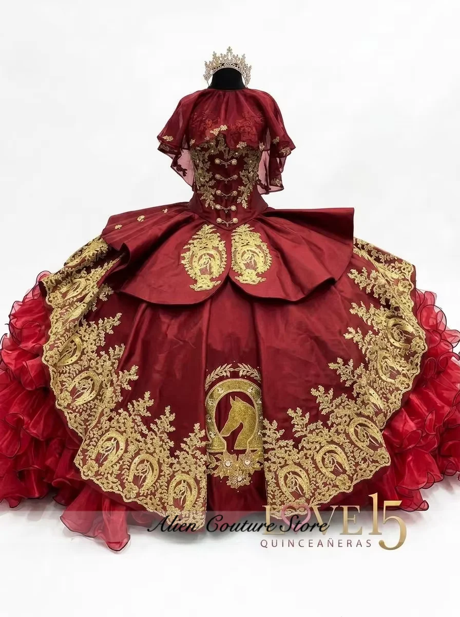 Mexican Luxury Black Quinceanera Dress Satin Gold Applique Ruffles Tiered With Cape Vestido De 15 Años Ball Gown Customized  image 4