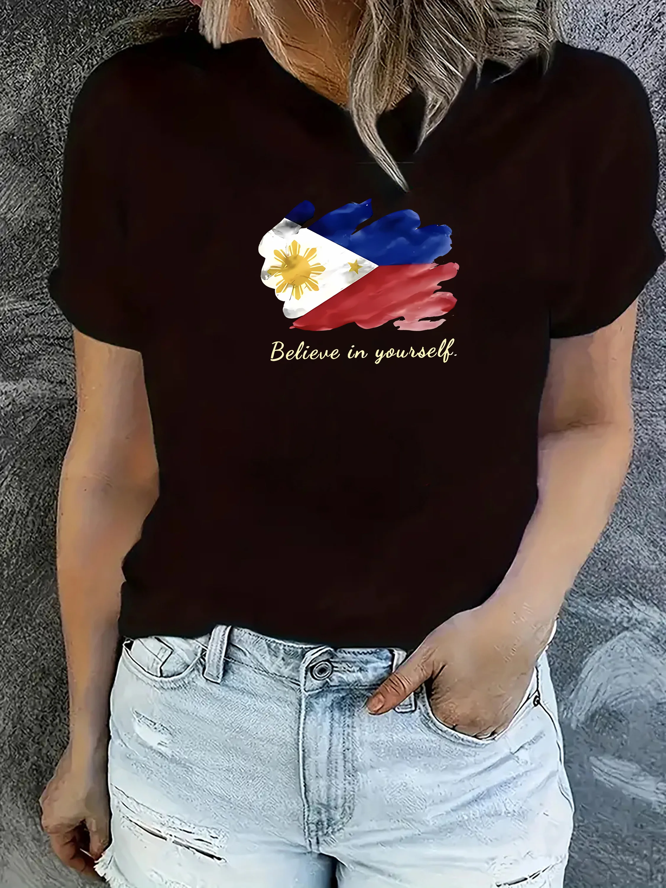 Camiseta informal de manga corta con cuello redondo para mujer con gráfico de bandera filipina, top deportivo de moda, camiseta cómoda