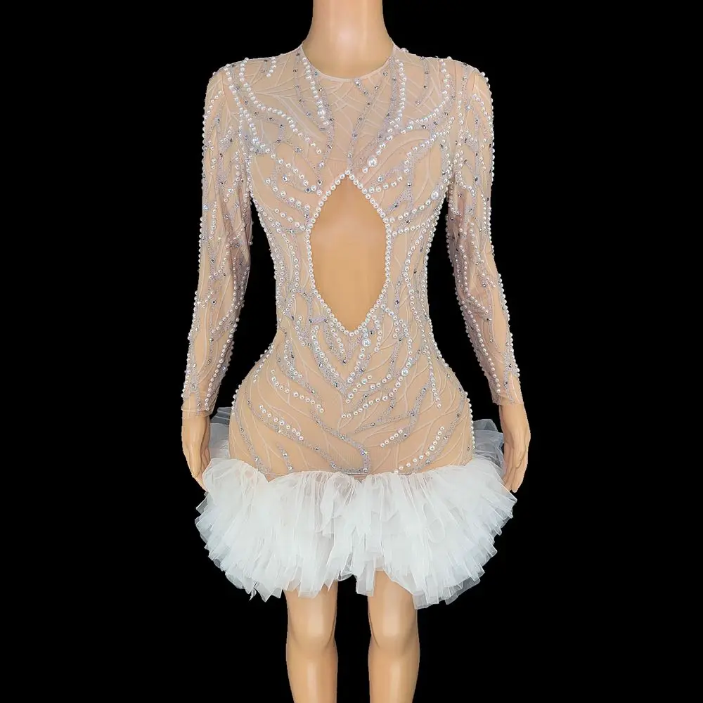 

Sparkly Rhinestones Pearls Evening Celebriate Birthday Dress Sexy Mesh Short Dance Dress Performance Costume Stage Wear