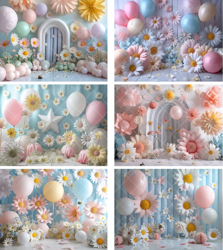 Photography Background Boho Daisy Flowers Balloon Girl Birthday Party Cake Smash Portrait Decor Backdrop Photo Studio