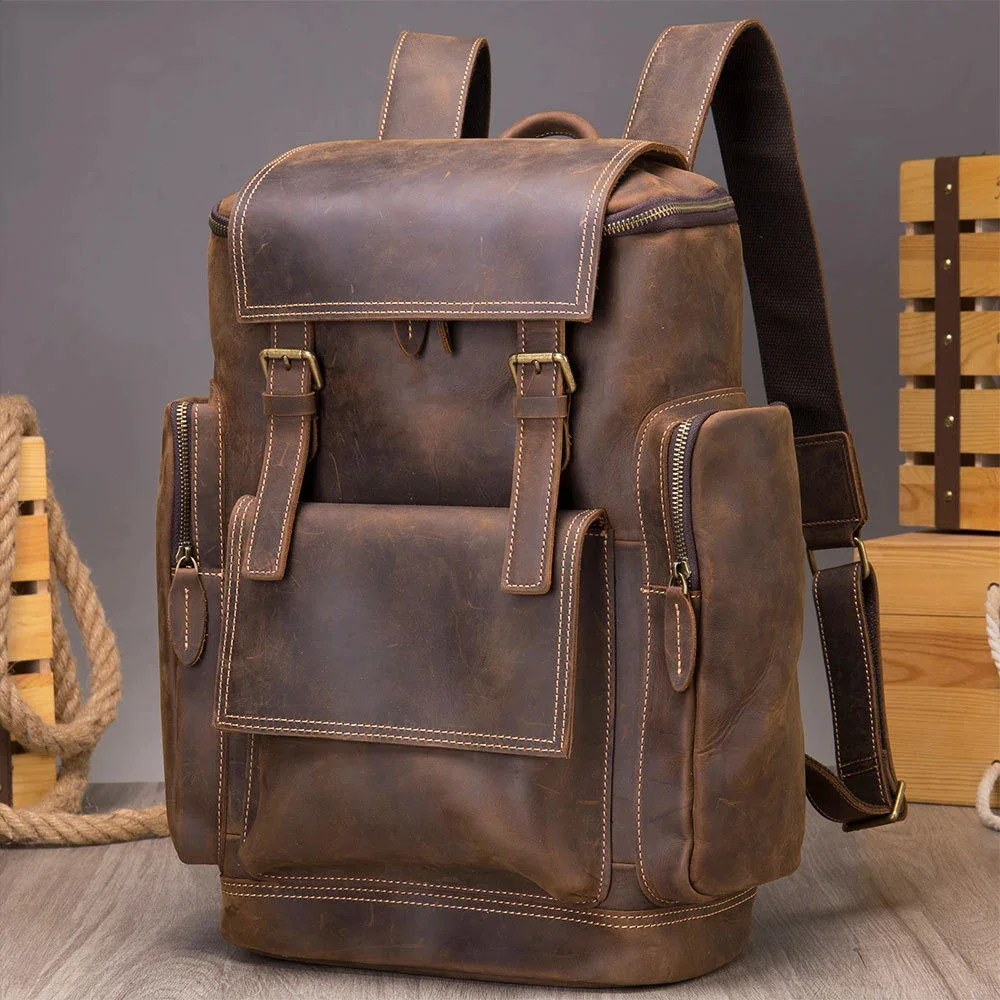 

High Capacity Travel Backpack Male Crazy Horse Leather Bagpacks For Daypack School Bag Big Laptop 15.6 inch Bagpack Men