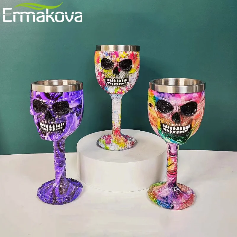 ERMAKOVA Resin Stainless Steel Skull Goblet Retro Claw Wine Glass Gothic Cocktail Glasses Wolf Whiskey Cup Party Halloween Gifts