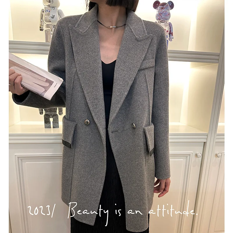 High end Korean style suit collar double-sided cashmere coat for women, medium and long styles, 2024 autumn and winter new