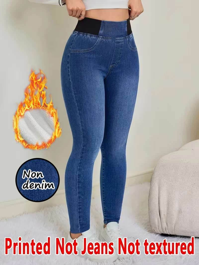 Women Printed Leggings Not Denim Fabric, Fake Pocket & Button Print Design Pants, High Elastic Fashion Slim Fit Skinny Casual