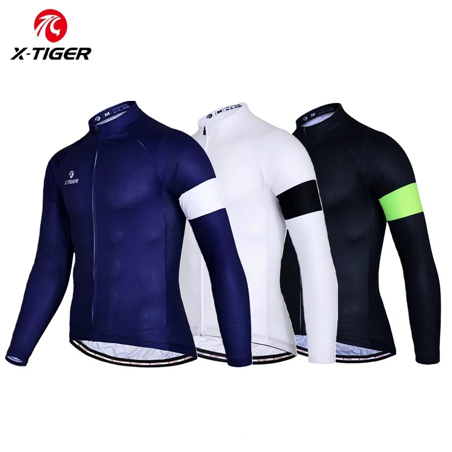 X-TIGER Cycling Jersey Men Long Sleeve Bike Biking Shirts Breathable Quick Dry Full Zip with 3 Rear Pockets Road Bicycle Clothes