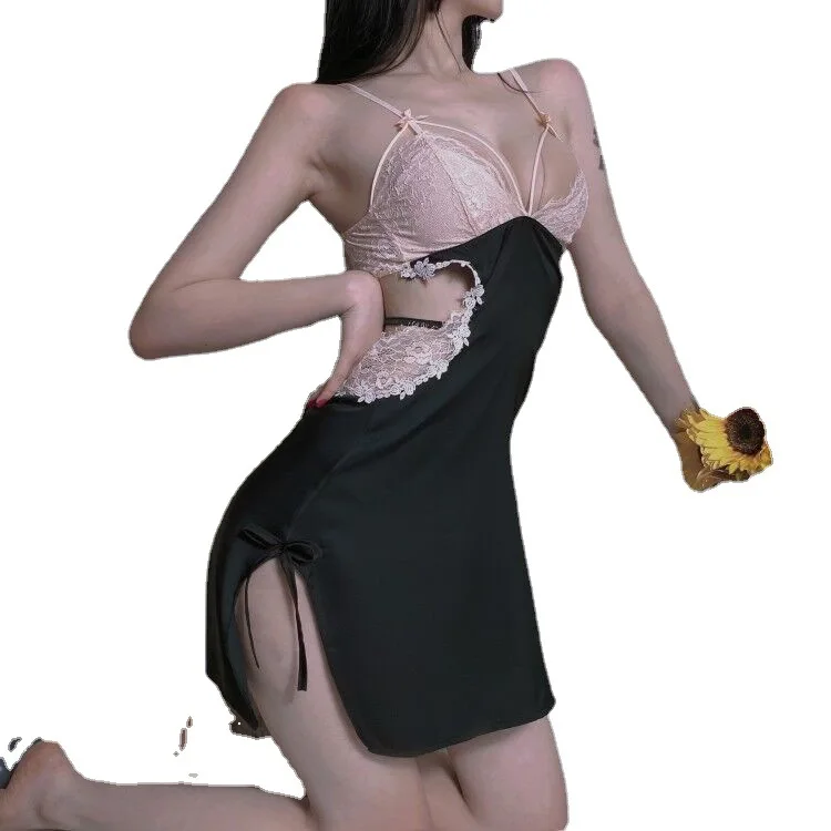 

Женская сексуальная ночная сорочка с открытой спиной, кружевная, с V-образным вырезом, из атласа, однотонная, для сна и дома