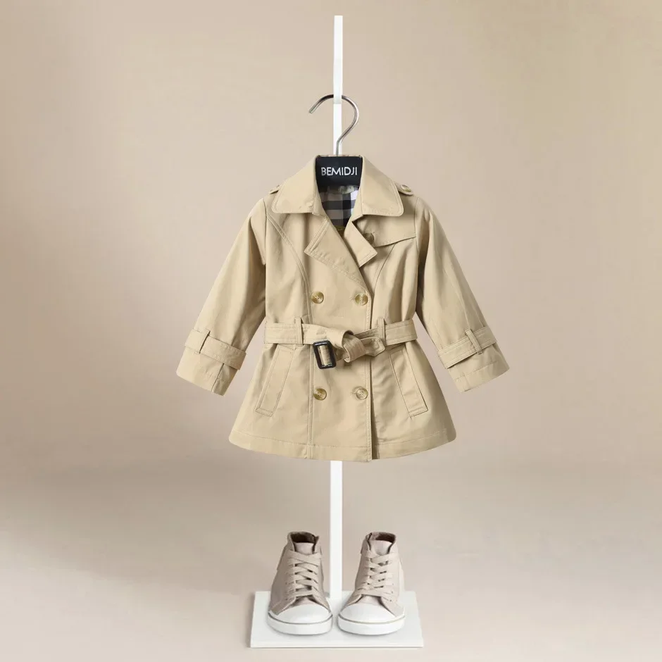 

Spring Girls Jackets Child Double-breasted Baby Trench Coat Lapel Autumn Kids Outerwear Winter Overcoat England Style Cotton