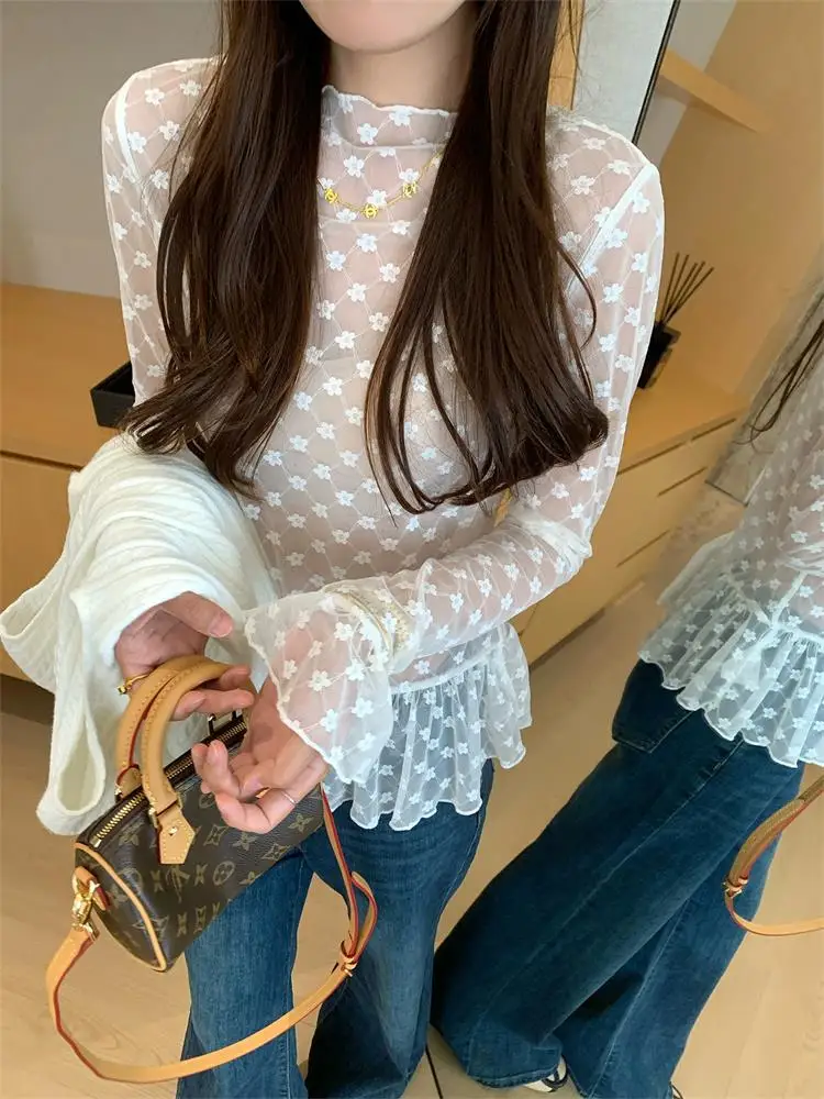 Dongda Gate 2026 Autumn Women's Long Sleeve Lace Base Shirt Half High Collar Inner Wear Layered Top Commute Style High Waist