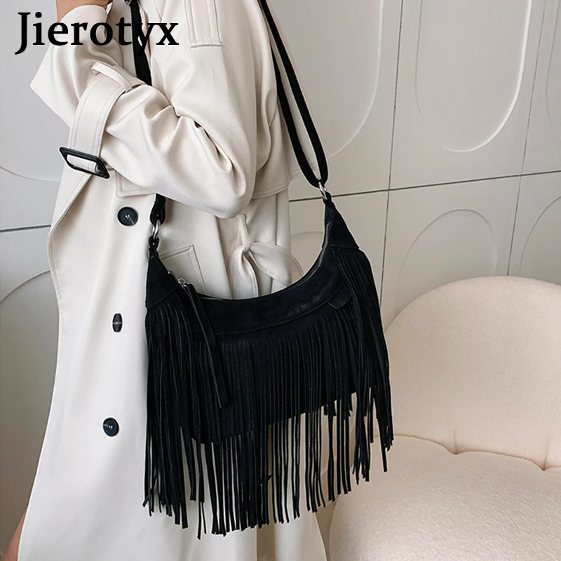 JIEROTYX Decor Fringe Trim Crossbody Purse Bag for Women Vintage Tassel Faux Suede Handbag Messenger Shoulder Bags