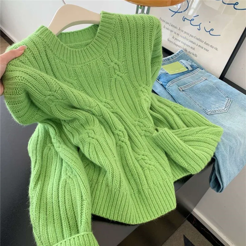 

Корейский женский зеленый короткий эластичный вязаный пуловер, свитер, топы с круглым вырезом и длинным рукавом, весна-осень, новинка высокого качества, Pull Femme