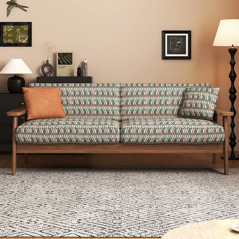 

Retro style solid wood sofa winter and summer dual-purpose three-person small apartment living room apartment homestay removable