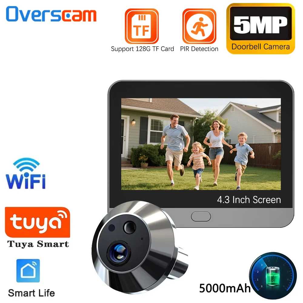 

WiFi Peephole Doorbell Tuya Camera FHD 5MP 4.3Inch Door Bell Eye Camera PIR Motion Detection Smart Home Security Video Doorbell