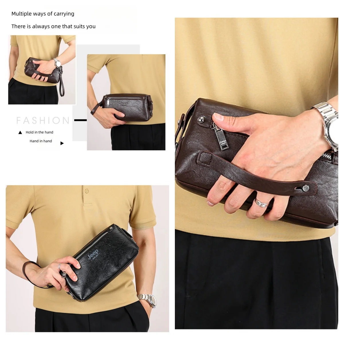 JEEP BULUO Fashion Big Brand Man\'s Handbags High quality Leather Clutch bag Wallet Purse Large Capacity Business New Hot Brown