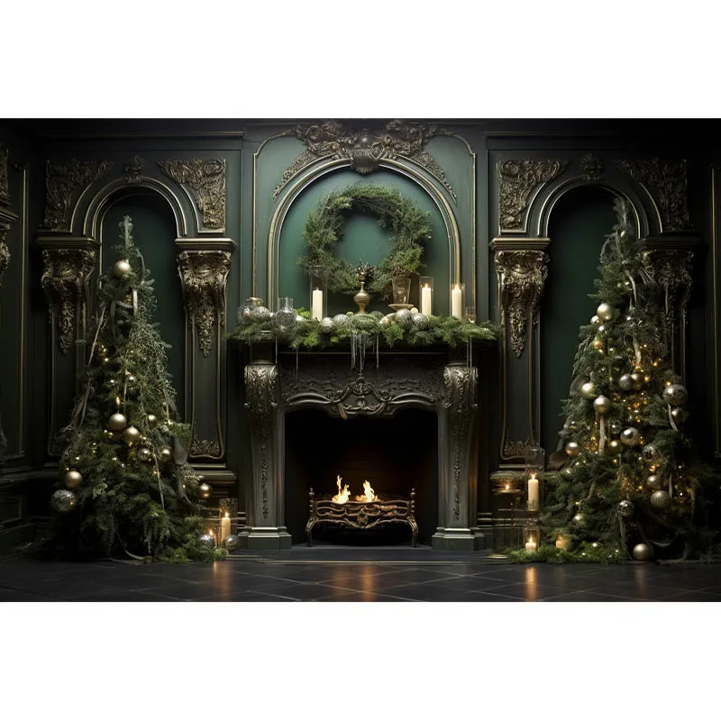 Green Fireplace Backdrop for Christmas Children Adult Portrait Photo Photography Xtmas Tree Decoration Banner Studio Backgrounds