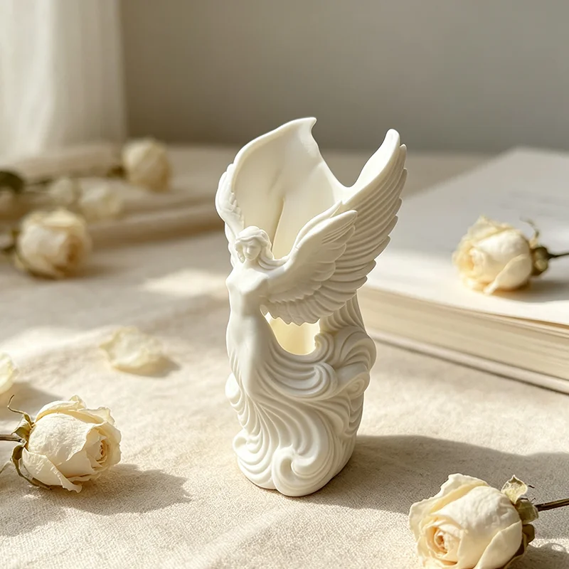 Matte Angel Wing Figure 3D Printed Pen Holder Elegant Sculptural Pencil Cup Desk Organizer Decorative Stationery Storage Vase