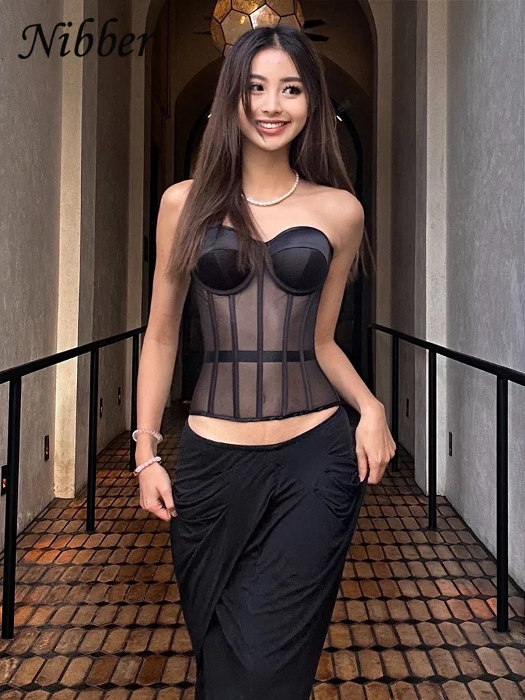 

Nibber Mesh Woman Wrap Fishbone Top See Through Patchwork Skinny Girdle Sleeveless Backless Midnight Hottie Party Waistcoats