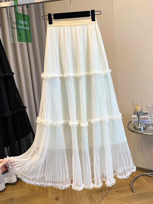 Elegant Mid-Length Mesh Skirt with Wood Grain  for Women Autumn New Style plus Size Fairy Tale Half Body Skirt