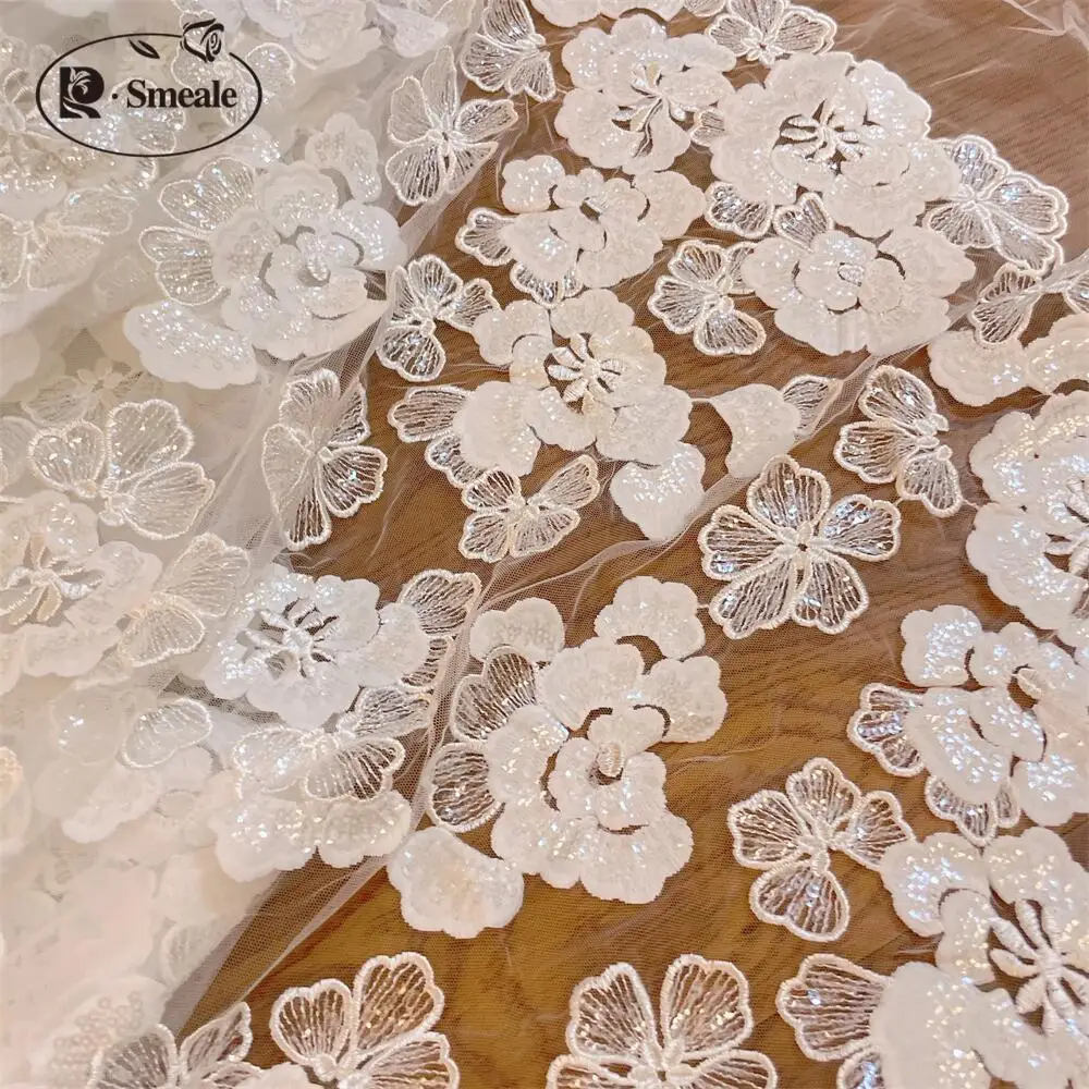 Sequin Lace Floral Bride Fabric, Off White Flowers, Wedding Dress, Headdress, Skirt, DIY Hand Sewing Accessories, Clothing