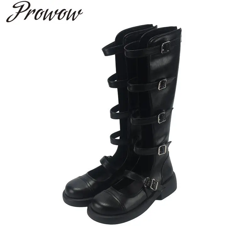 

Модные сапоги до колена с открытой пряжкой на толстом каблуке и платформе с круглой головкой, женская обувь Zapatos Mujer