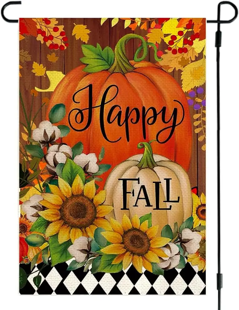 RABUSOFA Happy Fall Garden Flag 12x18 Inch Double Sided for Outside, Pumpkin Sunflower Autumn Leaves Outdoor Seasonal Yard Flag