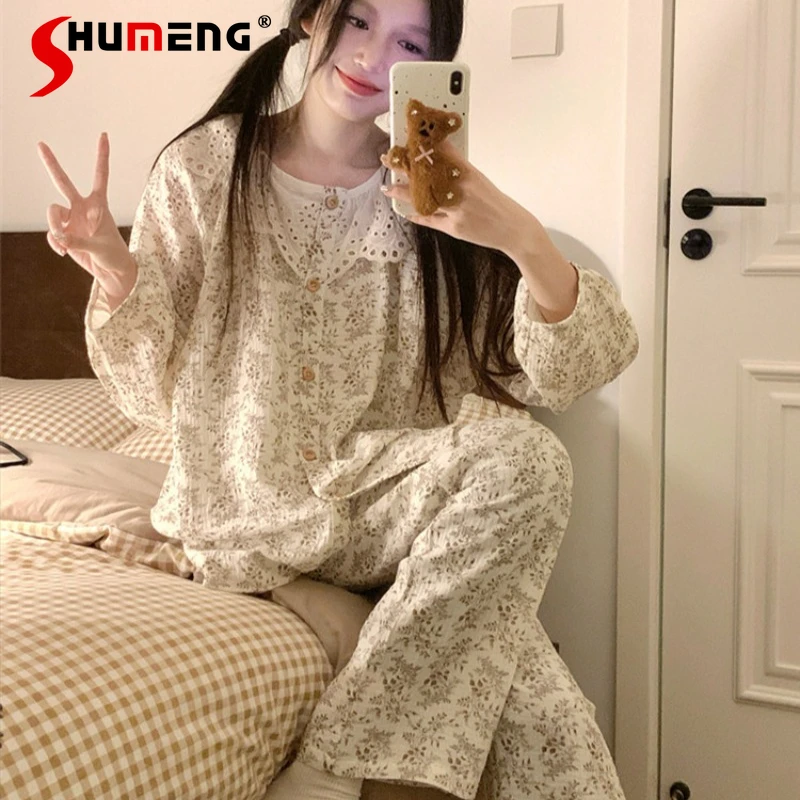 

Vintage Floral Pajamas for Women Spring Autumn Long Sleeve Pure Cotton Gauze Sleep Suits Female Cardigan Sweet Homewear