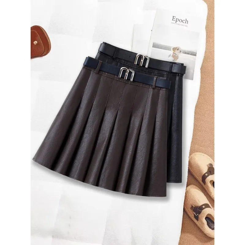 

High-end Pleated Leather Skirt for Women, and Winter Slimming Midi Skirt, Petite Elegant A-line Skirt