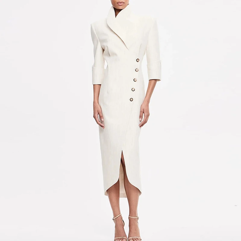 

2025 Autumn Elegant Long Sleeved Blazer Dress Casual Button Irregular Maxi Dress Lady Temperament Lapel High Waist Dress Vestido