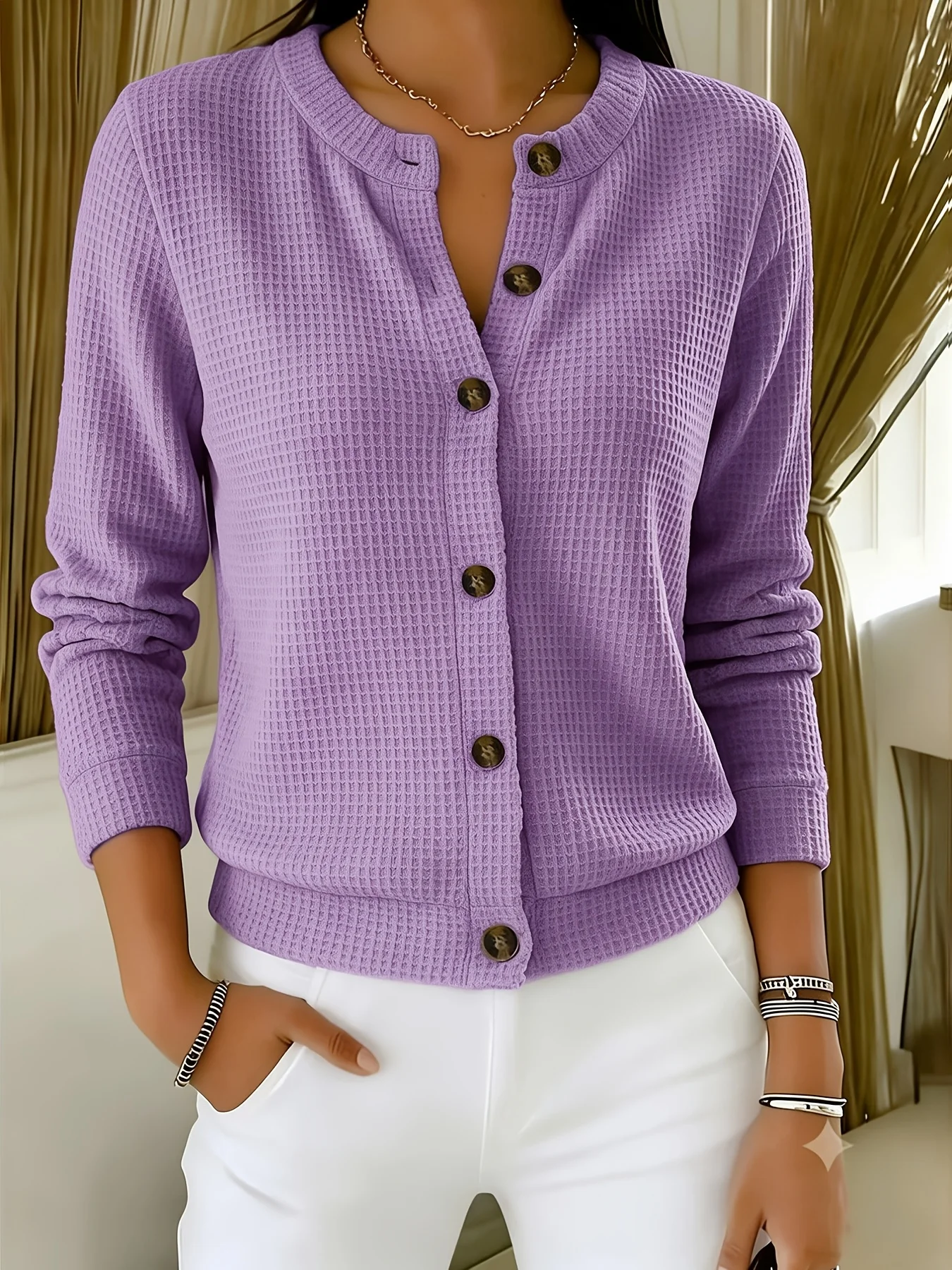 Plus Size Women Waffle Knit Cardigan Long Sleeve Button Down Elastic Casual Ladies Jacket