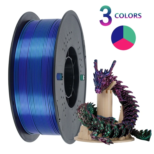 KINGROON Zijde PLA-filament 1,75 mm 1 kg, driekleurige tweekleurige 3D-printerfilament Glanzend verbruiksartikelen 2,2 lbs spoel, voor FDM 3D-printer