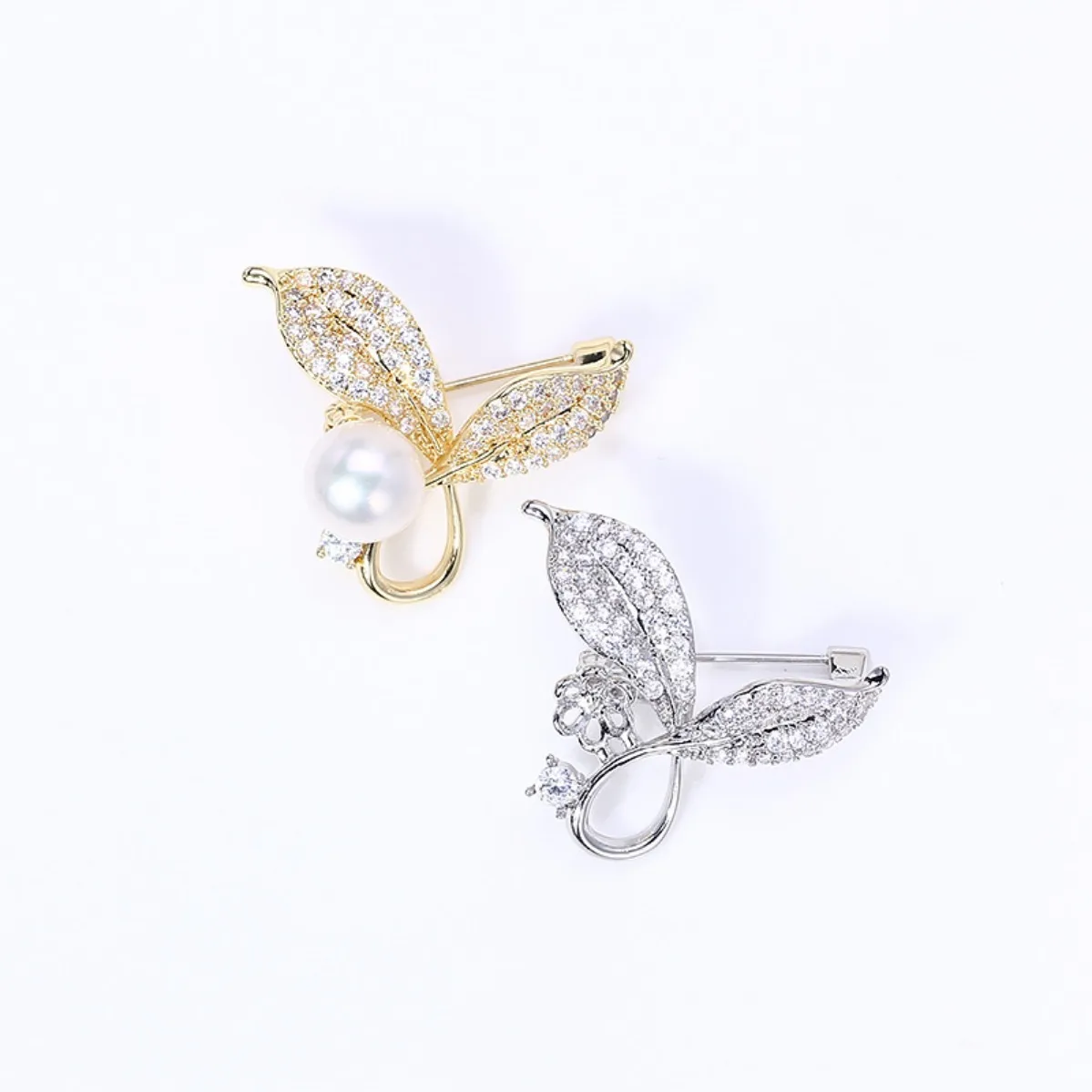 Brass Real Gold Plated Leaf Brooch Blank Setting, DIY Pearl Lapel Pin, Anti-exposure Pin Accessories for Women