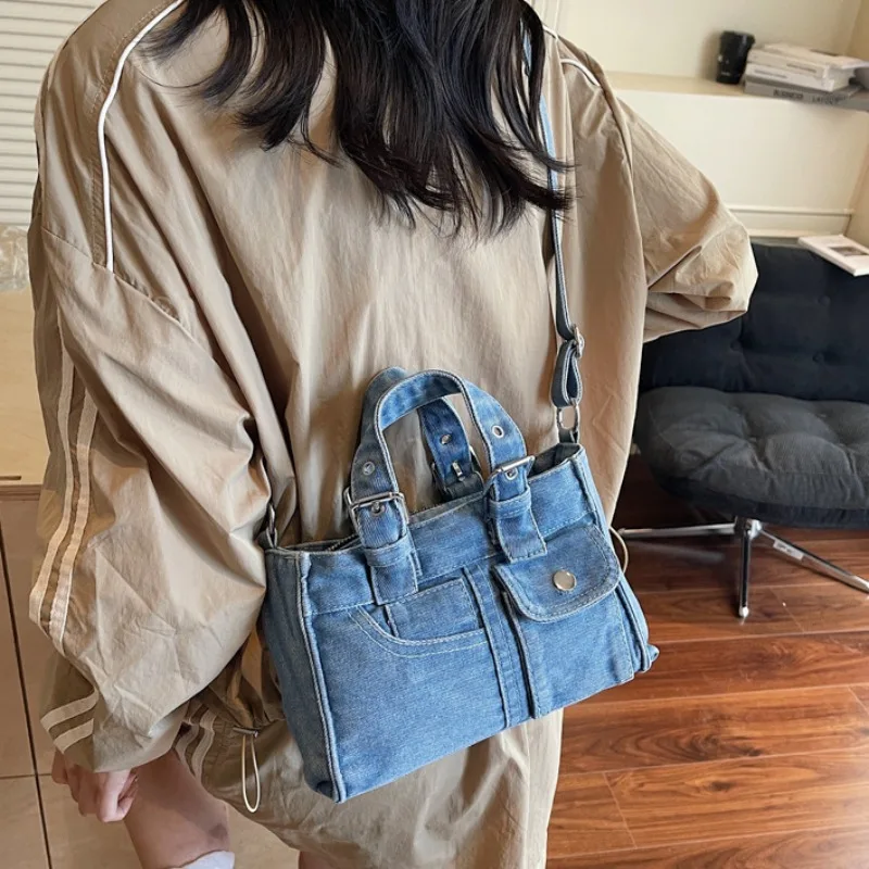 

New Washed Denim Women's Bag American Retro Motorcycle Bag Vintage Fashion Versatile Shoulder Carrying Diagonal Cross Bag