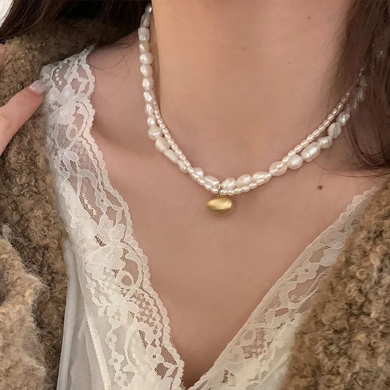 

French vintage double irregular pearl love bean necklace