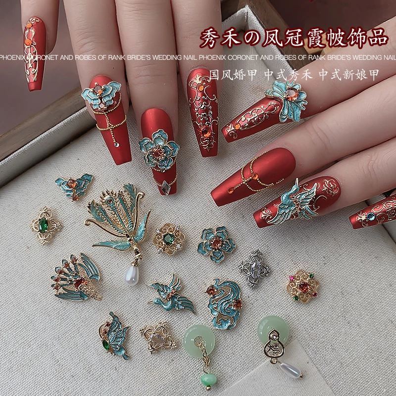 5 PCS new chinese style xiuhe wedding nail accessories with temperament phoenix crown and rosy glow colorful enamel bridal nail