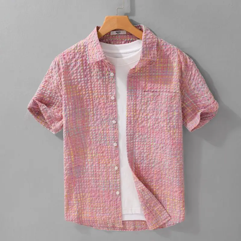 

Men's Short Sleeve Casual Shirt with Plaid Pattern Cotton Turn Down Collar Button Up Summer Lightweight Loose Fit Shirt for