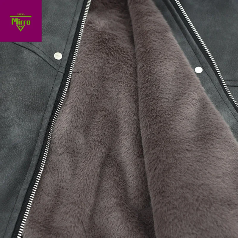 남성 겨울 자켓 퍼 칼라 PU 가죽 파카 코트 빈티지 플러시 따뜻한 자켓 아우터웨어