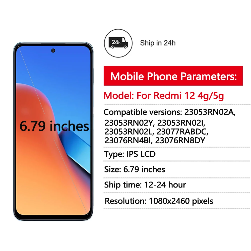 Xiaomi Redmi 12, 4g,5g,6.79インチ用の交換用LCDタッチスクリーン