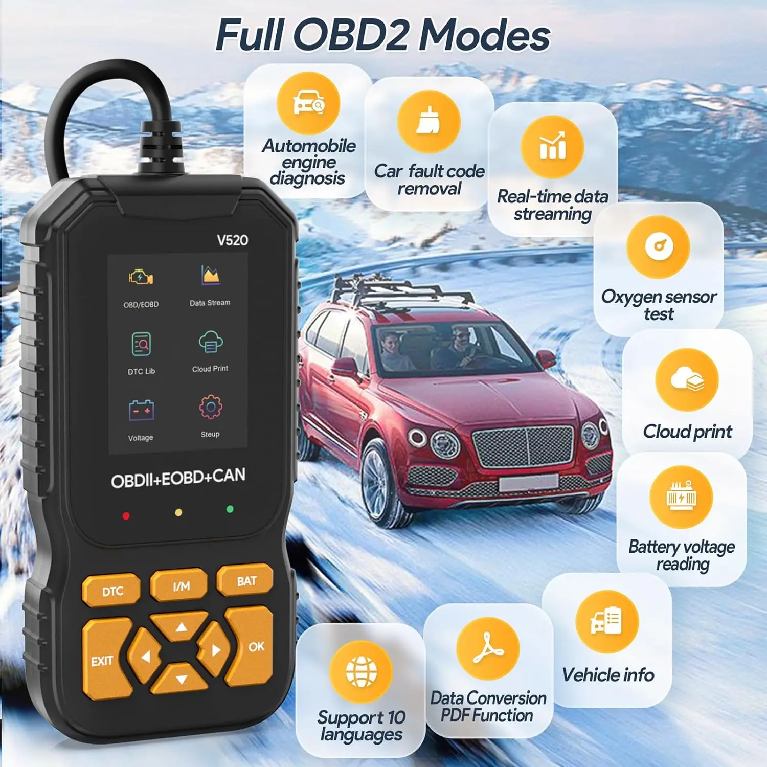 Car Code Reader and Reset Tool OBD2 Scanner Diagnostic Tool Multi-Language Automotive OBDII/EOBD Check Engine Light Code Reader