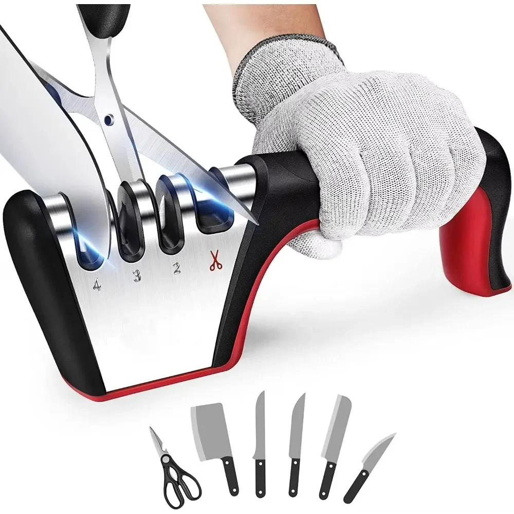 Knife Sharpener 4 in 1 Scissors Knife Sharping Tool Diamond Coated Ceramic Rod Knife Shears and Scissors Stainless Steel Blades