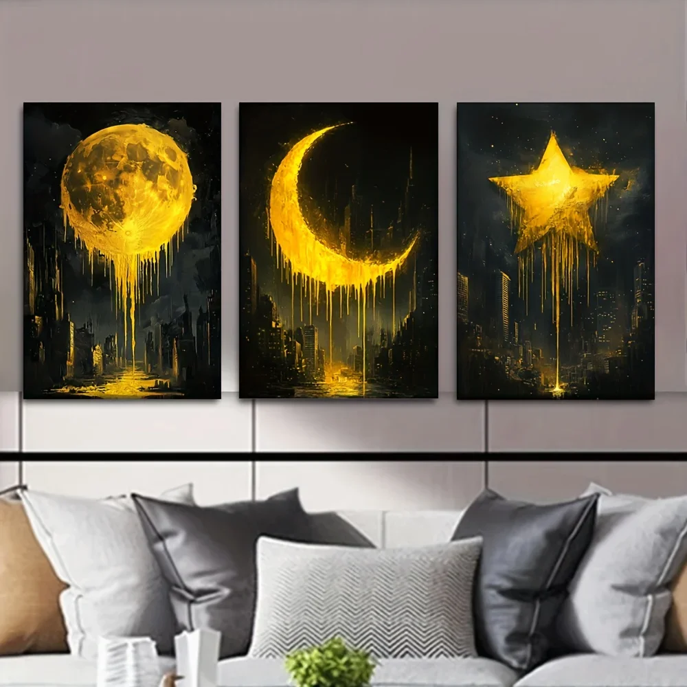 (No frame)3pcs Canvas Art Set - Unframed Sun, Stars & Moon Over City at Night Scene - Abstract Wall Decor for Living Room, Of
