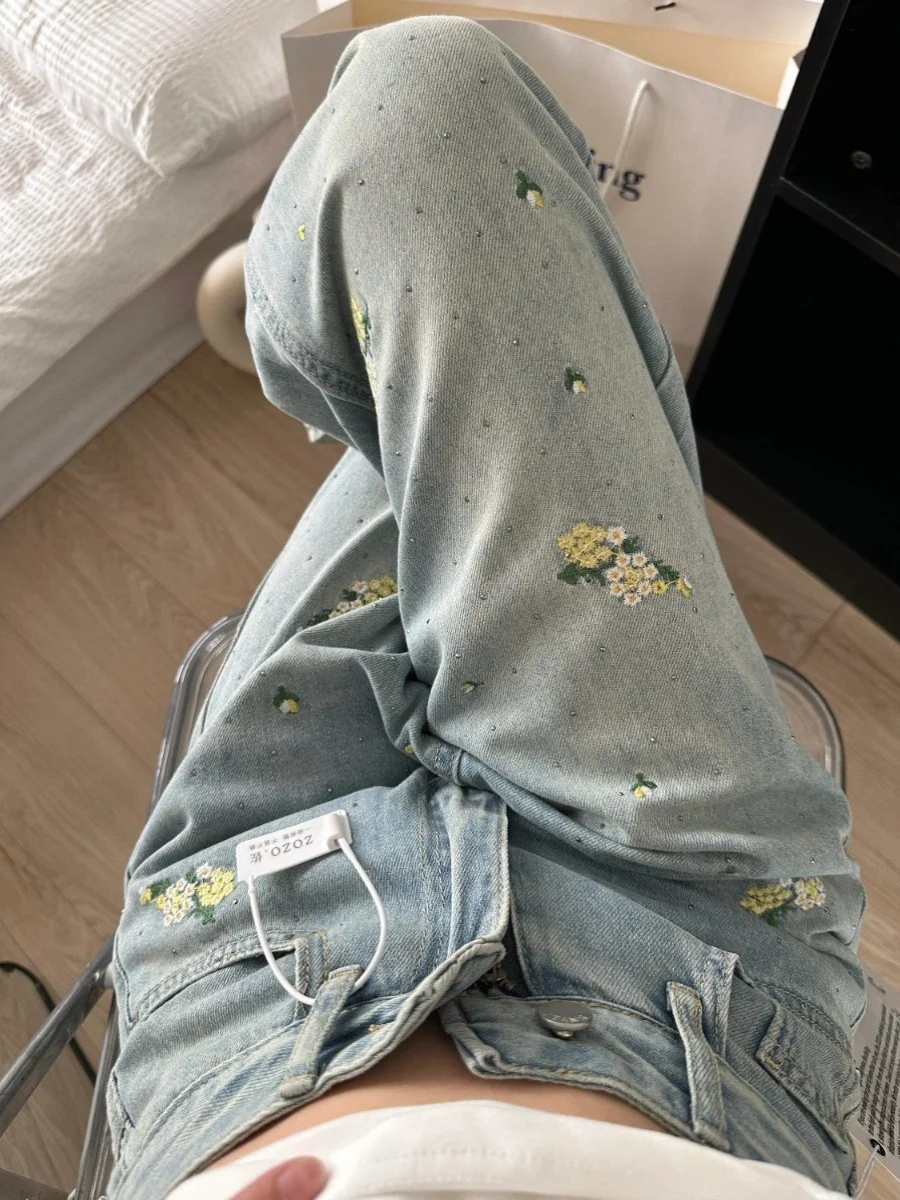 

plus Size American Rhinestone Slim Wide Leg Jeans Women's Spring Summer New Loose Slim Straight Pants High Waist Long Pants