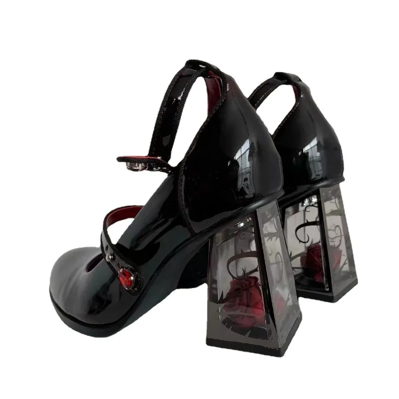 Designer Women Punk High Heels Pumps Gothic Leather Shoes Rose Heeled Leather Lolita Shoes Woman Ankle Straps Mary Jane Shoes