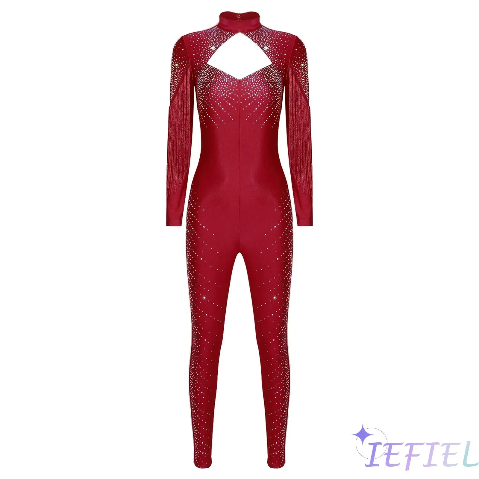 

Womens Figure Skating Jumpsuit Long Sleeve Glittery Rhinestone Tassel Leggings Rompers Ballet Bodysuit for Gymnastics Dancing