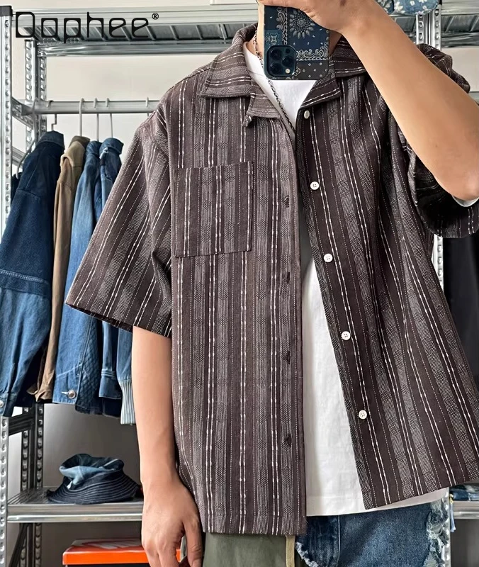 

Summer Japanese Retro-style Men's Cotton-linen Loose Casual Black Navy Blue Brown Striped Turn-down Collar Short-sleeve Shirt