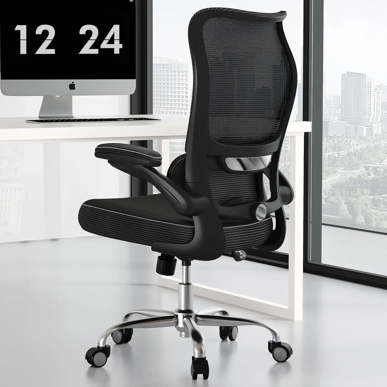 

Ergonomic Office Chair with Wave High Back, Adjustable Lumbar Support, Mesh Back & PU Leather Seat – Black