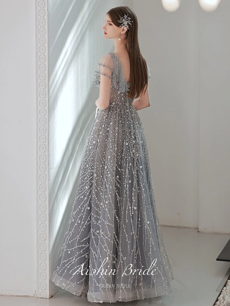 Luxury Gray Evening Dress Exquisite V-Neck Ruffle Flare Sleeve Tulle Beading Glitter Sequins Banquet Wedding Birthday Prom Gowns