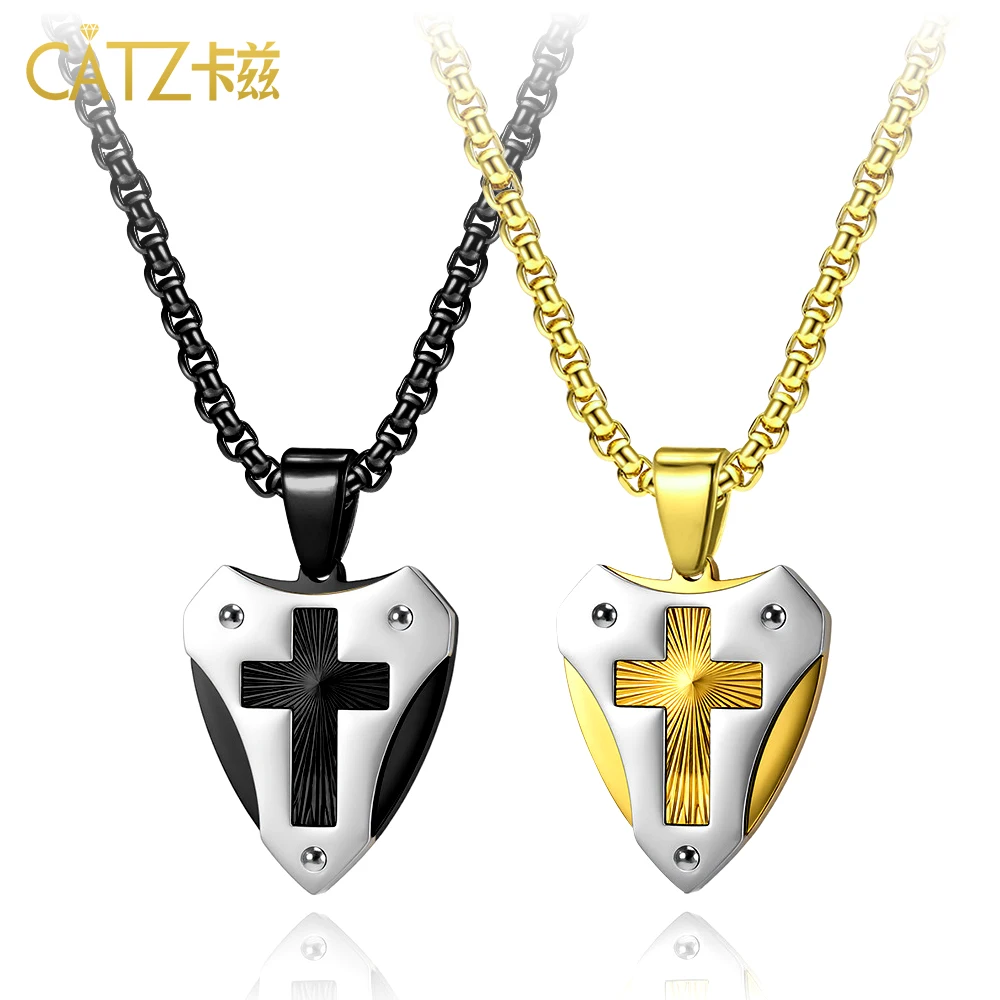 

CATZ Faith Cross Stainless Steel Pendant Necklace, Mechanical Style Shield Folding Fan Texture, Two-Color Couple Sweater Chain