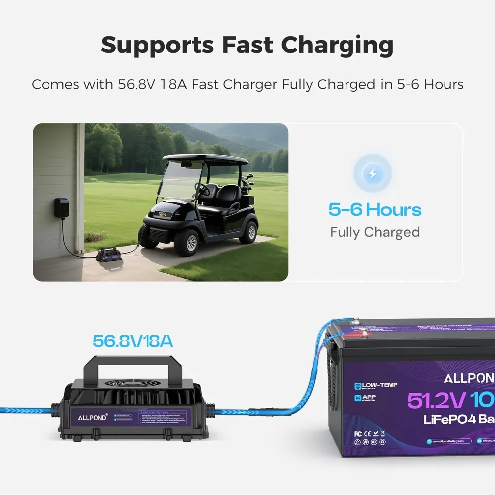 بطارية ليثيوم لعربة الجولف 48 فولت 100 أمبير في الساعة، مدمجة 200 أمبير BMS، بطارية LiFePO4 قابلة لإعادة الشحن بقوة 5000 دورة، بحد أقصى 7.68 كيلو وات طاقة مستمرة O #6