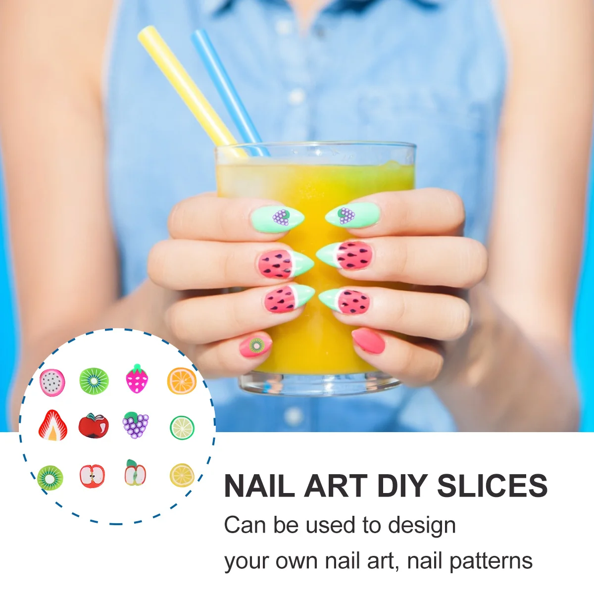 2400 ชิ้น ชิ้นส่วนตกแต่งเล็บลายผลไม้หลากสีสัน สำหรับตกแต่งเล็บด้วยตัวเอง อุปกรณ์ตกแต่งเล็บที่มีสไตล์ไม่ซ้ำใคร ชิ้นส่วนตกแต่งเล็บลายผลไม้