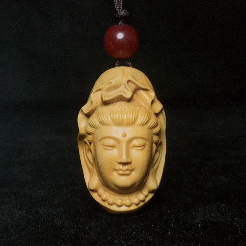 

1919 Antique art Size Chinese Boxwood Hand Carved Avalokitesvara Head Statue Amulet Netsuke Collection